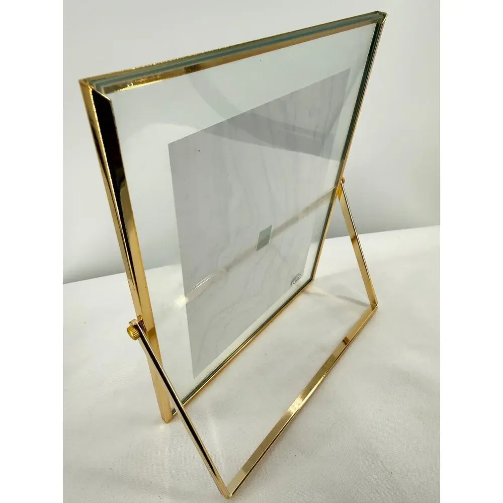 Gold Floating Glass Picture Frame Tabletop Easel Double Glass Metal Frame 5x7